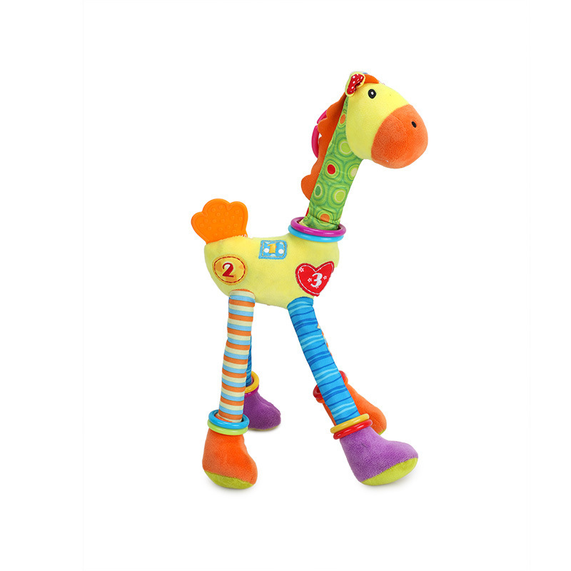 The crib is hung with cartoon giraffe dolls, cute baby figurines, and the trolley is hung with wind chimes and teething toys Specification image