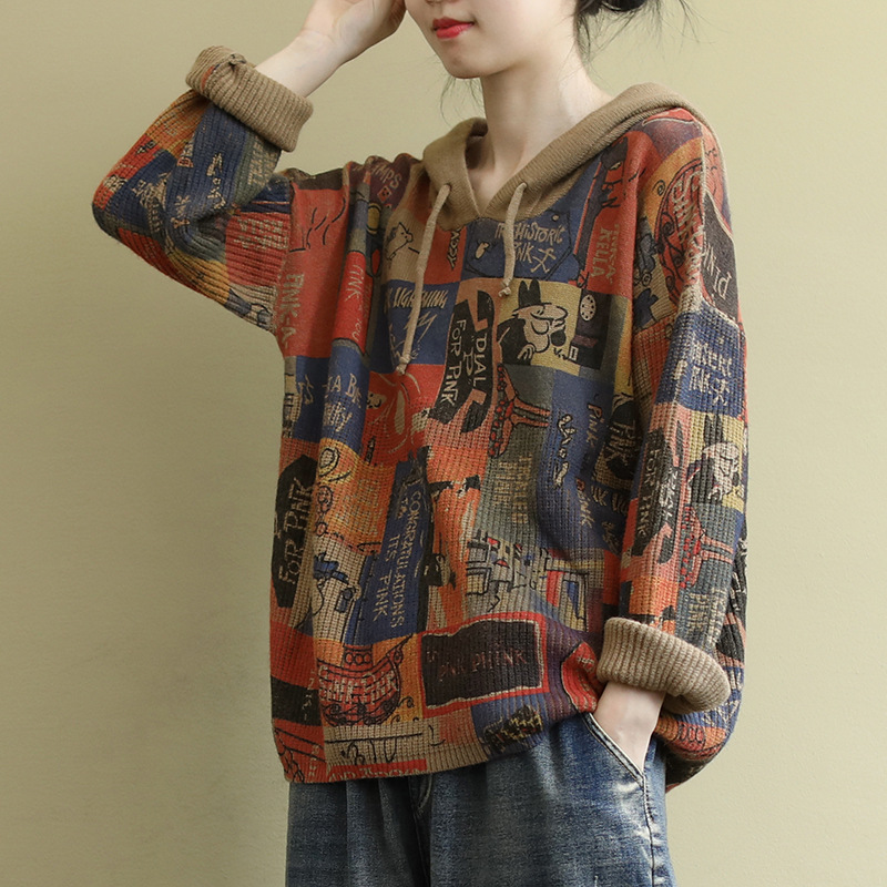 厂家供应2021春季新款文艺复古印花针织衫宽松大码连帽套头毛衣女