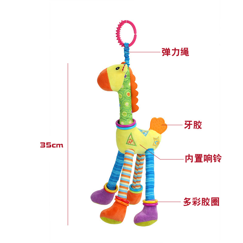 The crib is hung with cartoon giraffe dolls, cute baby figurines, and the trolley is hung with wind chimes and teething toys Application Scenario