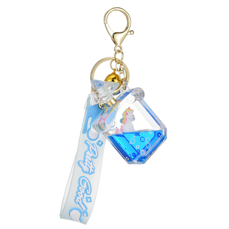 Wholesale of new summer girls' schoolbag accessories featuring acrylic unicorn oil perfume bottles, keychains and jelly leather ropes Item Picture