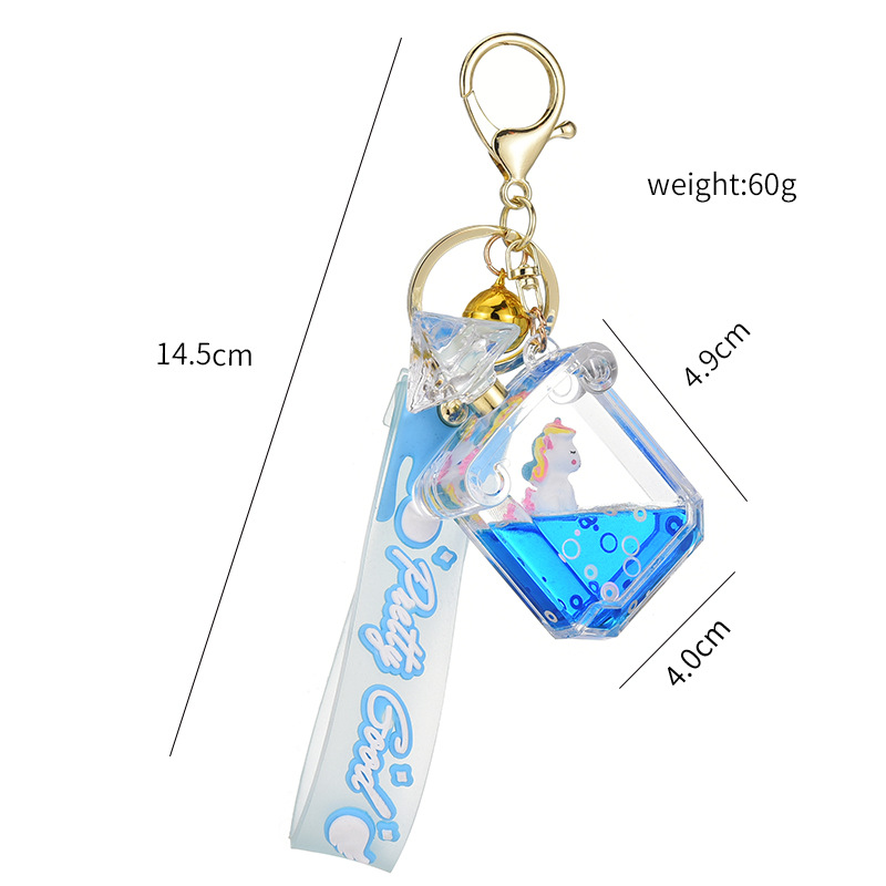 Wholesale of new summer girls' schoolbag accessories featuring acrylic unicorn oil perfume bottles, keychains and jelly leather ropes Application Scenario