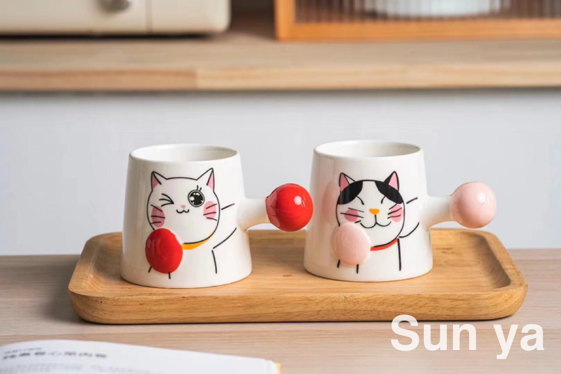 Hot selling ceramic mugs cute cat mugs coffee mugs with LIDS and spoons
