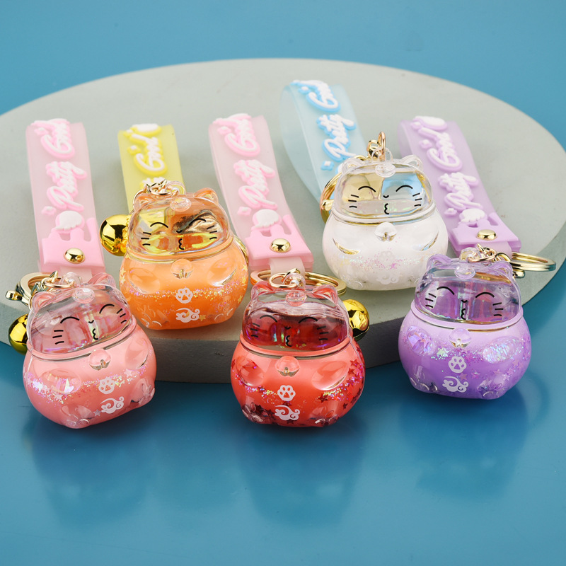 Summer new jelly leather rope into oil cat keychain accessories Acrylic cat girl schoolbag pendant