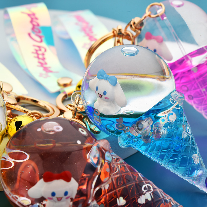 Summer new acrylic oil-filled ice cream keychain, cinnamon dog oil-filled ice cream pendant, couple small pendant details Picture
