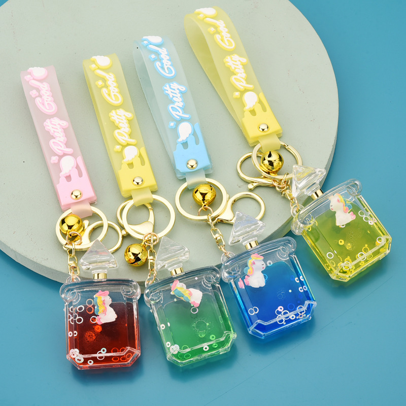 Acrylic unicorn into oil perfume bottle key chain jelly leather rope summer new girls bag accessories wholesale