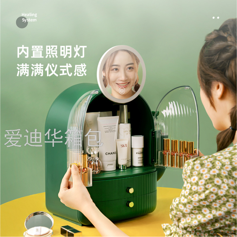 Light luxury style cactus LED light strip mirror, cosmetics storage box, large-capacity lipstick, brush desktop, dressing table details Picture