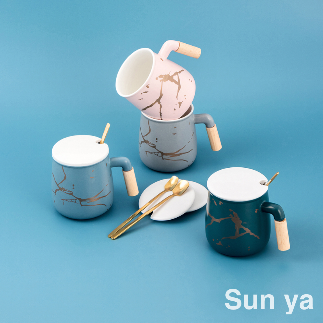 Hot selling marble ceramic mug with lid and spoon Coffee mug with wooden handle Office water mug