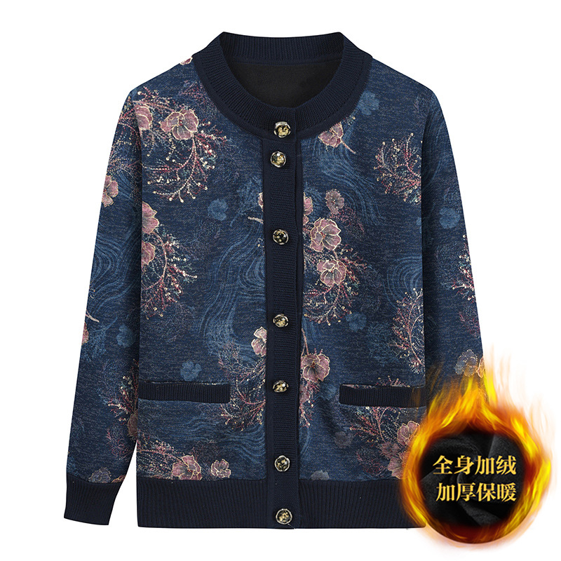 New cardigans and sweaters for middle-aged and elderly people in autumn and winter, grandma's fleece coat, mom's knitted top, one-piece fleece clothes Item Picture