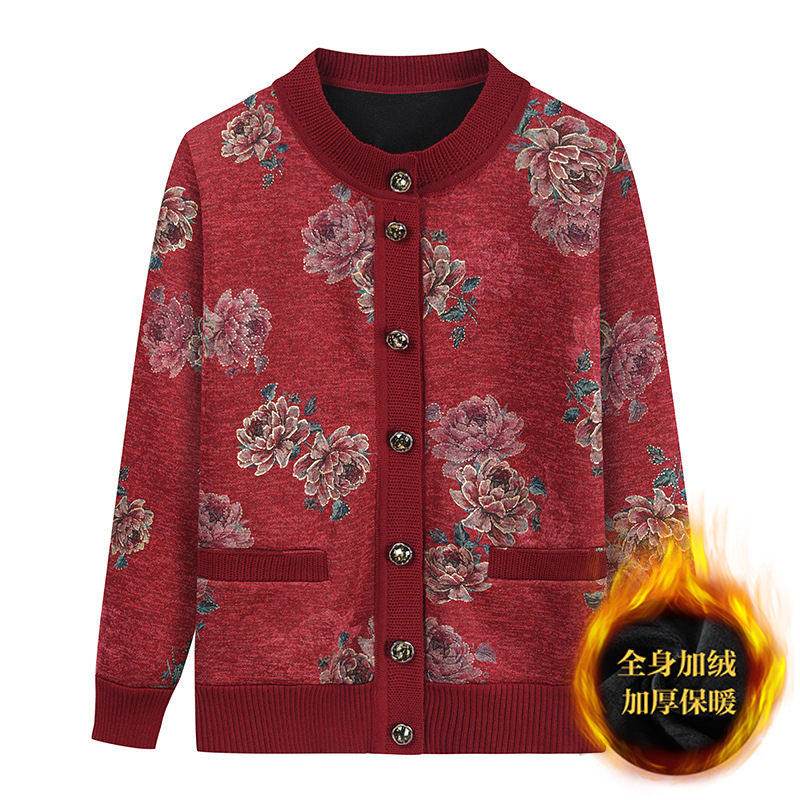 New cardigans and sweaters for middle-aged and elderly people in autumn and winter, grandma's fleece coat, mom's knitted top, one-piece fleece clothes details Picture