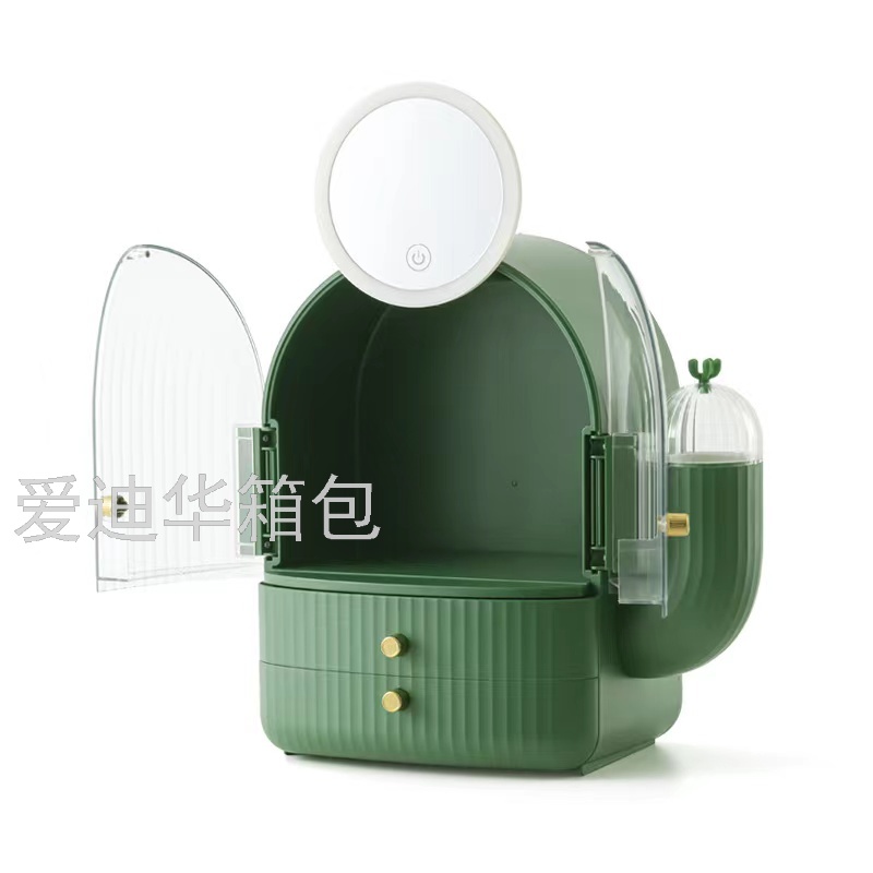 Light luxury style cactus LED light strip mirror, cosmetics storage box, large-capacity lipstick, brush desktop, dressing table Item Picture