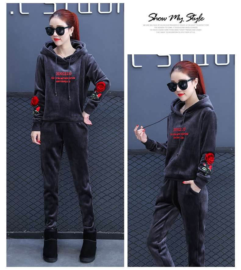 A two-piece set of casual and warm Korean-style sweatshirt with velvet rose embroidery for women in autumn and winter 2020 Item Picture