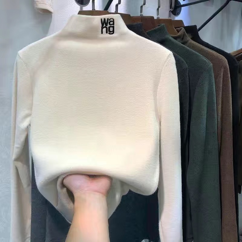 Ground wool half high neck women's velvet slim-fit base shirt female autumn and winter new Korean version long-sleeved T-shirt wholesale