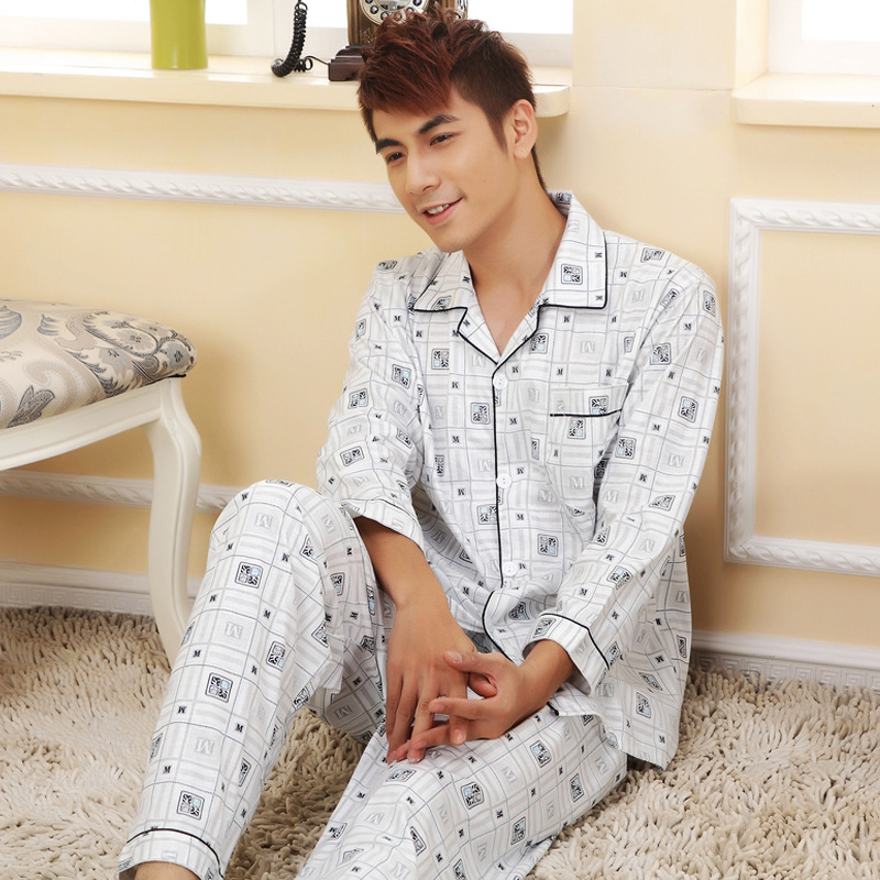 Men's long-sleeved pajamas for spring and autumn, cotton cardigans for middle-aged and young men, thin and wearable for spring and summer, men's home wear sets Item Picture