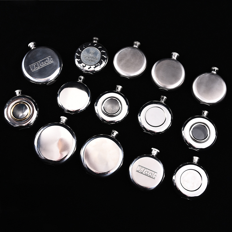 Portable stainless steel wine kettles, round and square, stainless steel wine bottles, portable wine kettles, factory direct sales in stock, various capacities 1oz, 2oz, 3oz, 5oz, 8oz, round. Item Picture