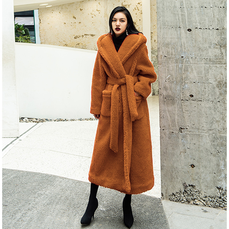Manufacturer's cross-border trade, European and American winter casual, lambskin faux fur coat for women, mid-length, lapel and hood details Picture