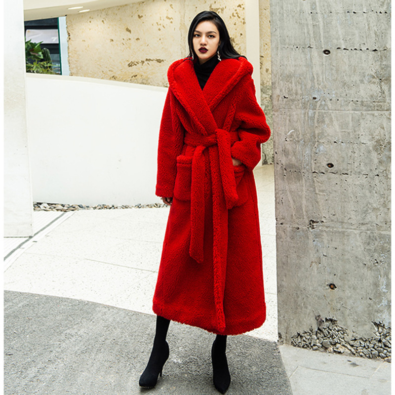 Manufacturer's cross-border trade, European and American winter casual, lambskin faux fur coat for women, mid-length, lapel and hood Specification image
