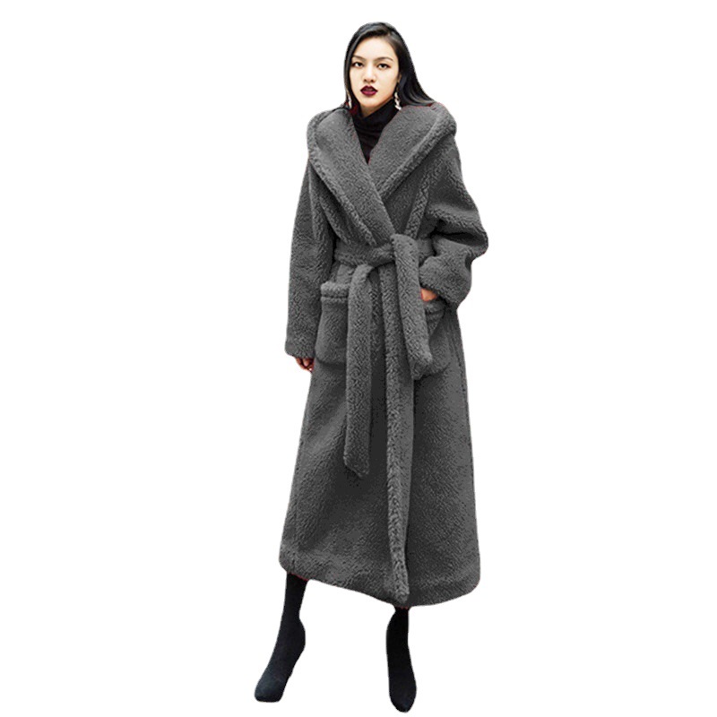 Manufacturer's cross-border trade, European and American winter casual, lambskin faux fur coat for women, mid-length, lapel and hood Item Picture