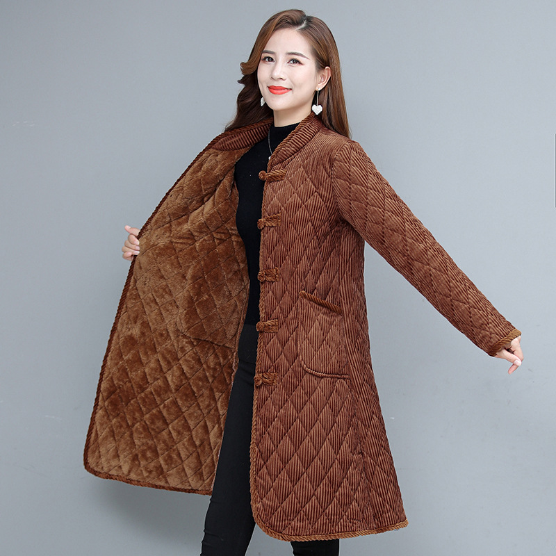 Mid-length corduroy cotton-padded jacket for mothers in 2021, a warm and slimming stand-up collar button-down cotton-padded jacket for middle-aged and elderly women Specification image