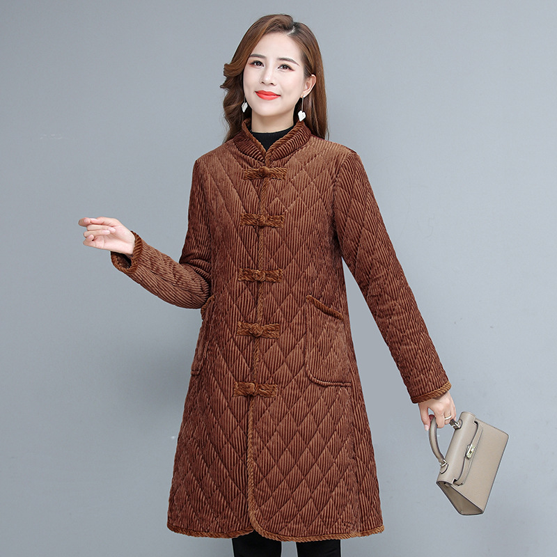 Mid-length corduroy cotton-padded jacket for mothers in 2021, a warm and slimming stand-up collar button-down cotton-padded jacket for middle-aged and elderly women Item Picture