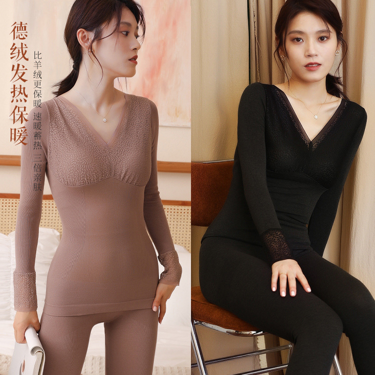 New long Johns de velvet no trace heating women's base shirt long sleeve body warm underwear set female hair