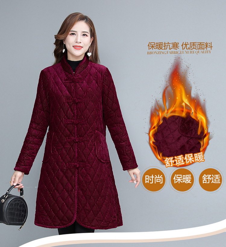 Mid-length corduroy cotton-padded jacket for mothers in 2021, a warm and slimming stand-up collar button-down cotton-padded jacket for middle-aged and elderly women