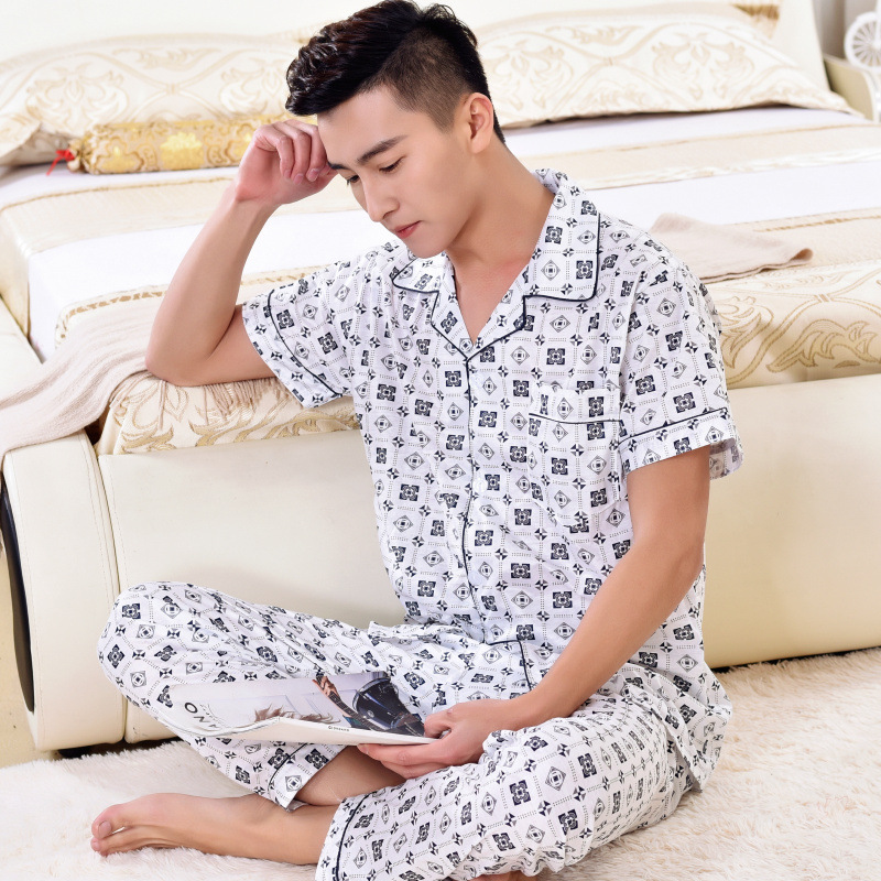 Men's summer thin short-sleeved shirts, long pants, cotton pajamas, men's middle-aged and young cardigans, summer checked home wear sets, summer Item Picture