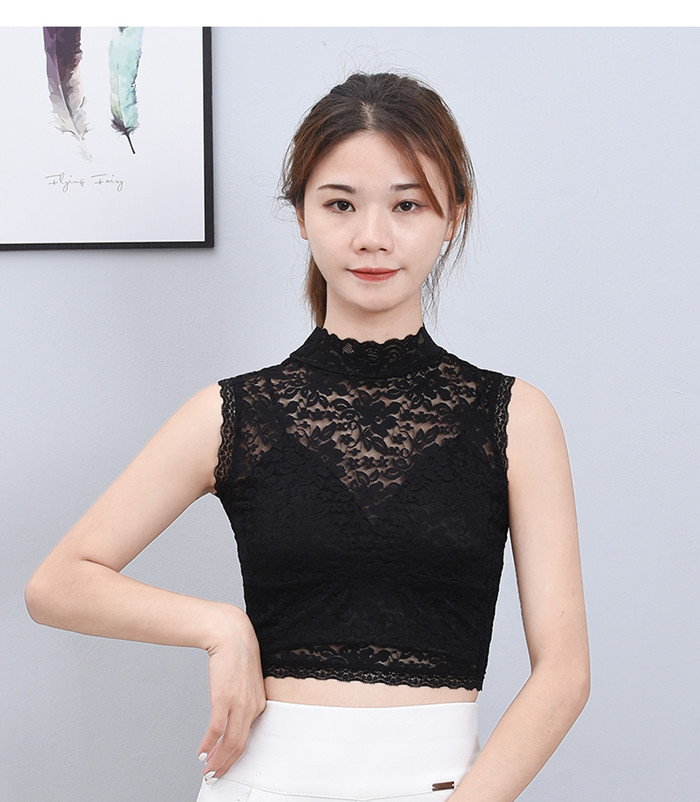 Lace high-neck false collar, versatile for children, stand-up collar base, decorative collar, sleeveless base, lace blouse, short style, sexy and transparent details Picture