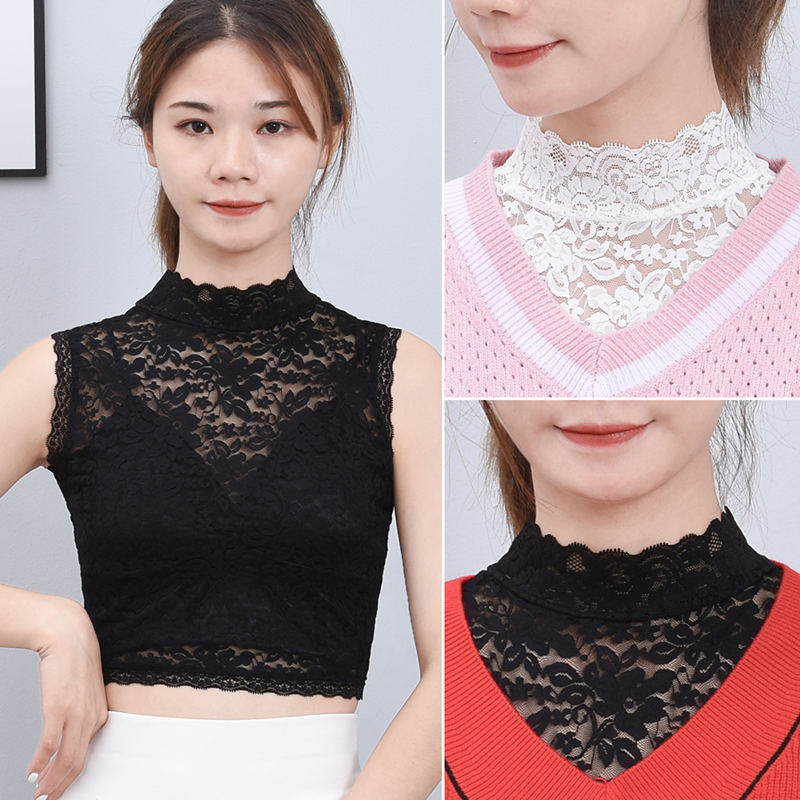 Lace high-neck false collar, versatile for children, stand-up collar base, decorative collar, sleeveless base, lace blouse, short style, sexy and transparent