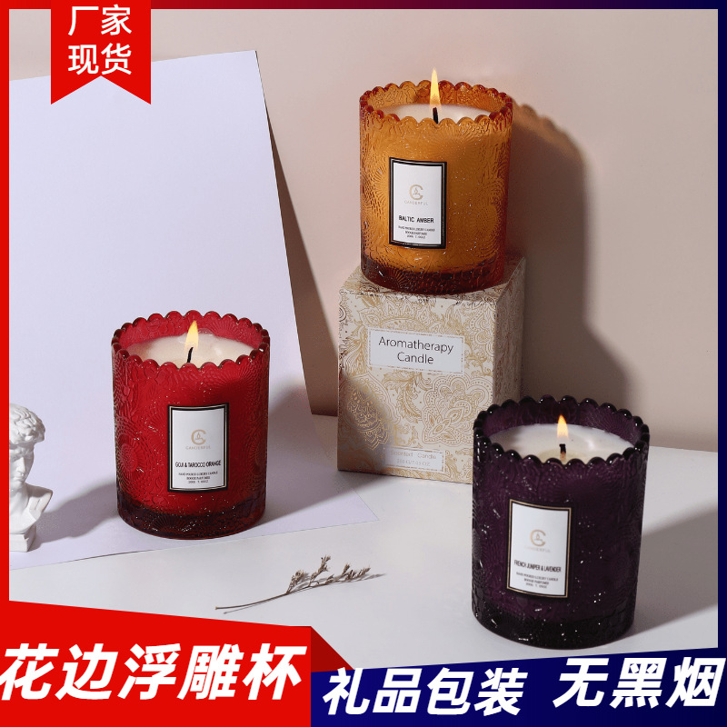 Creative decoration plant-based scented soy wax scented candle with hand-flower rim relief glass scented candle thumbnail