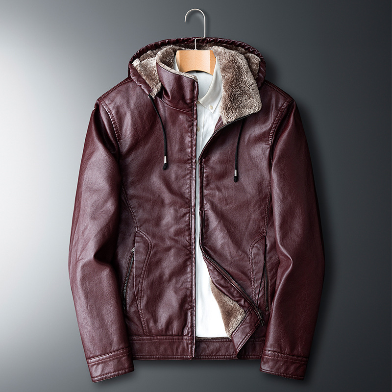 Winter coats for middle-aged and elderly people, men's export leather jackets, hooded, fleece and thickened leather jackets, pu casual leather jackets, trendy Specification image