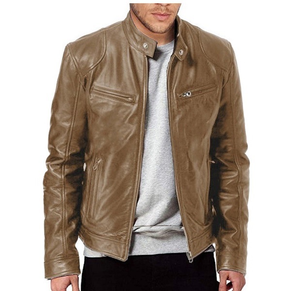 Winter business gentleman for foreign trade, warm zipper cardigan, pocket decoration, PU leather jacket, stand-up collar, slimming leather jacket P55 Item Picture