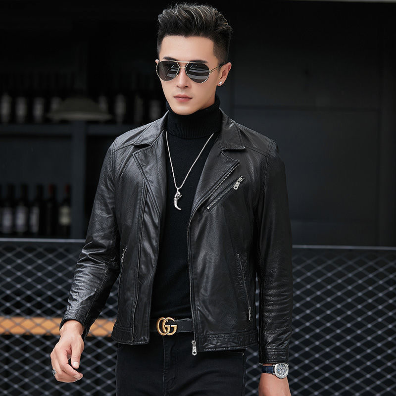 202 Autumn new Haining sheep leather coat men slim single leather jacket leisure suit collar coat tide