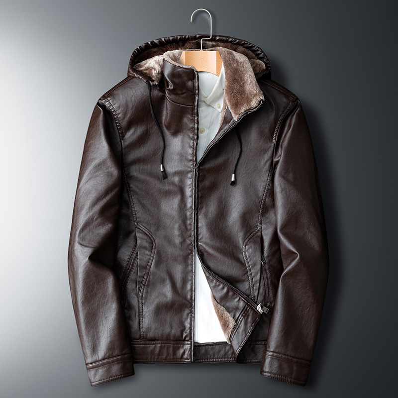 Winter coats for middle-aged and elderly people, men's export leather jackets, hooded, fleece and thickened leather jackets, pu casual leather jackets, trendy