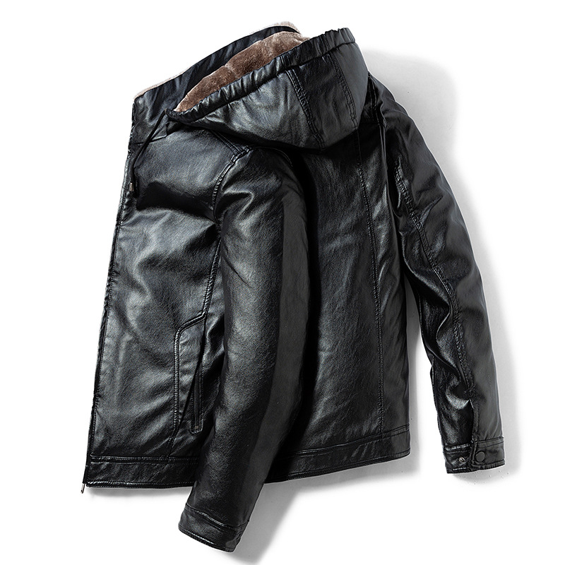 Winter coats for middle-aged and elderly people, men's export leather jackets, hooded, fleece and thickened leather jackets, pu casual leather jackets, trendy Item Picture