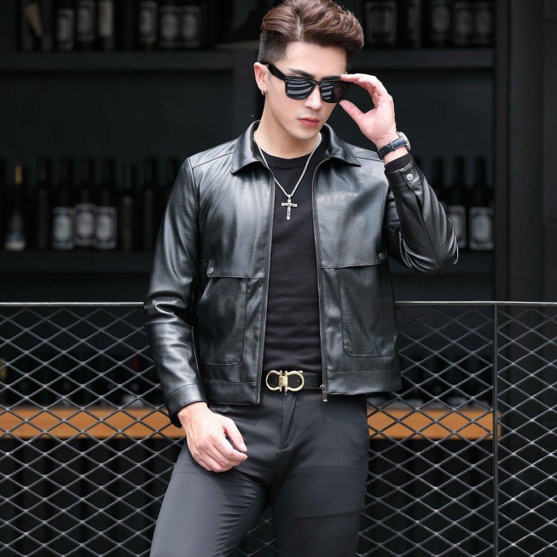 Autumn new haining sheep leather coat men's thin slim lapel leather jacket men's leather casual coat