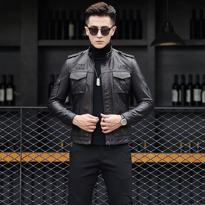 New 202 autumn Haining sheep leather embroidered leather jacket stand collar short leather coat men's leisure trim coat