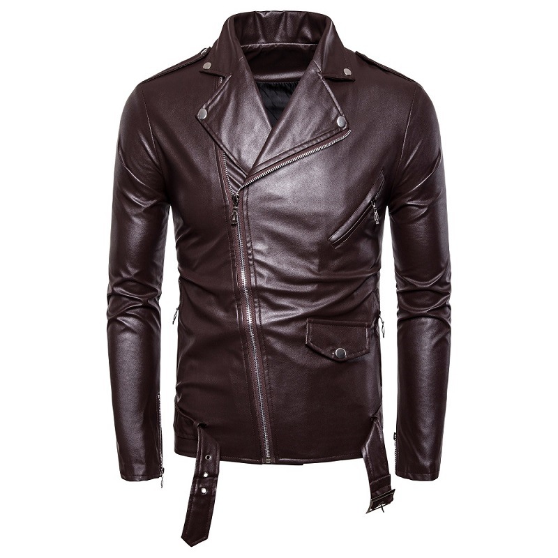Amazon's new men's motorcycle fitted leather jacket, stand-up collar cut, diagonal zipper, white leather jacket, PY12 details Picture