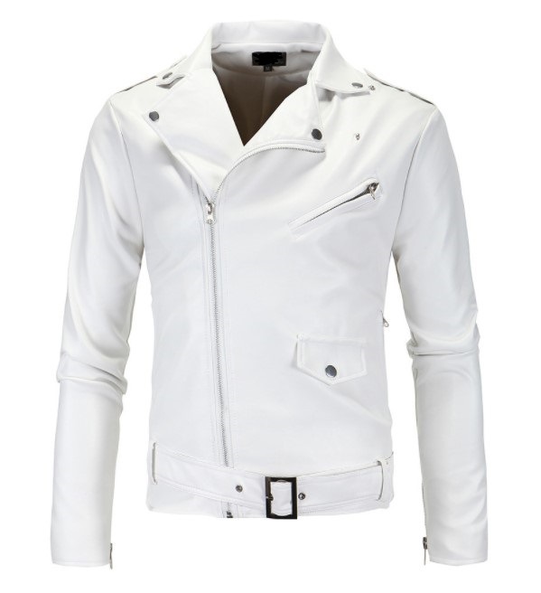 Amazon's new men's motorcycle fitted leather jacket, stand-up collar cut, diagonal zipper, white leather jacket, PY12