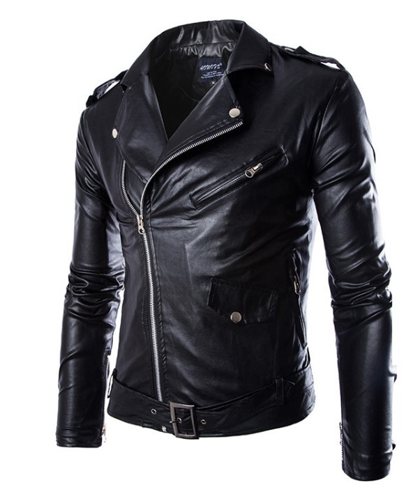 Amazon's new men's motorcycle fitted leather jacket, stand-up collar cut, diagonal zipper, white leather jacket, PY12 Specification image