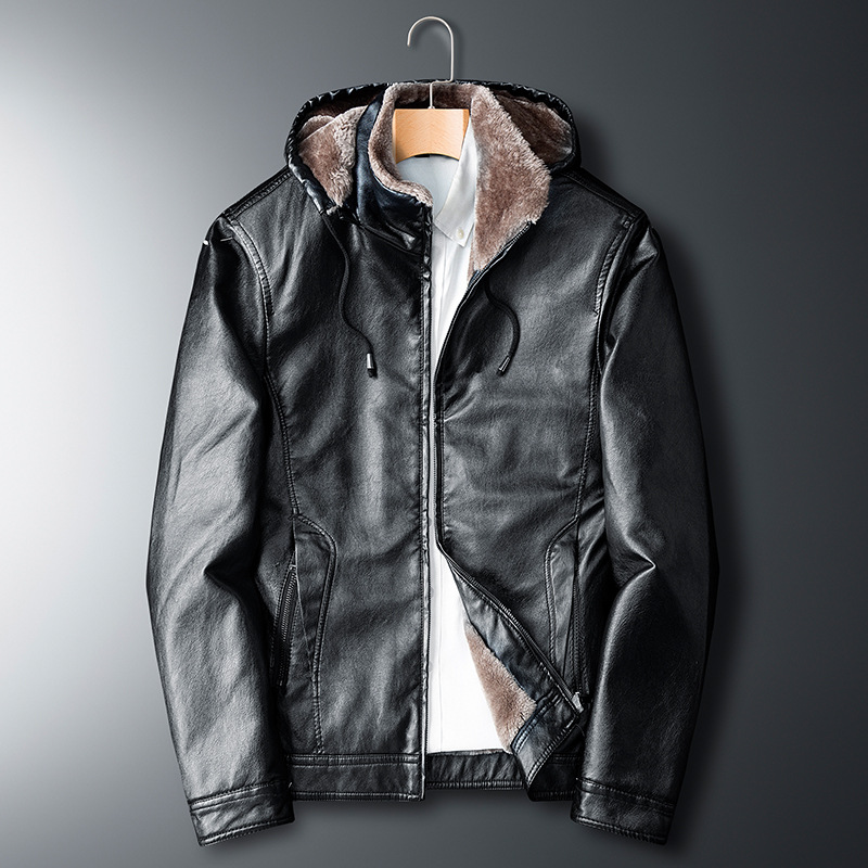 Winter coats for middle-aged and elderly people, men's export leather jackets, hooded, fleece and thickened leather jackets, pu casual leather jackets, trendy details Picture