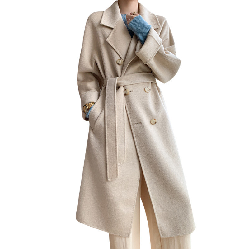 Double-sided woolen water ripple coat for women, mid-length, autumn and winter Korean style, stylish and stylish, double-breasted woolen coat Item Picture