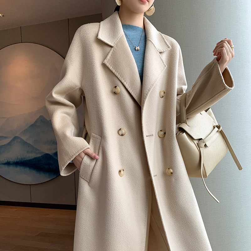 Double-sided woolen water ripple coat for women, mid-length, autumn and winter Korean style, stylish and stylish, double-breasted woolen coat Application Scenario