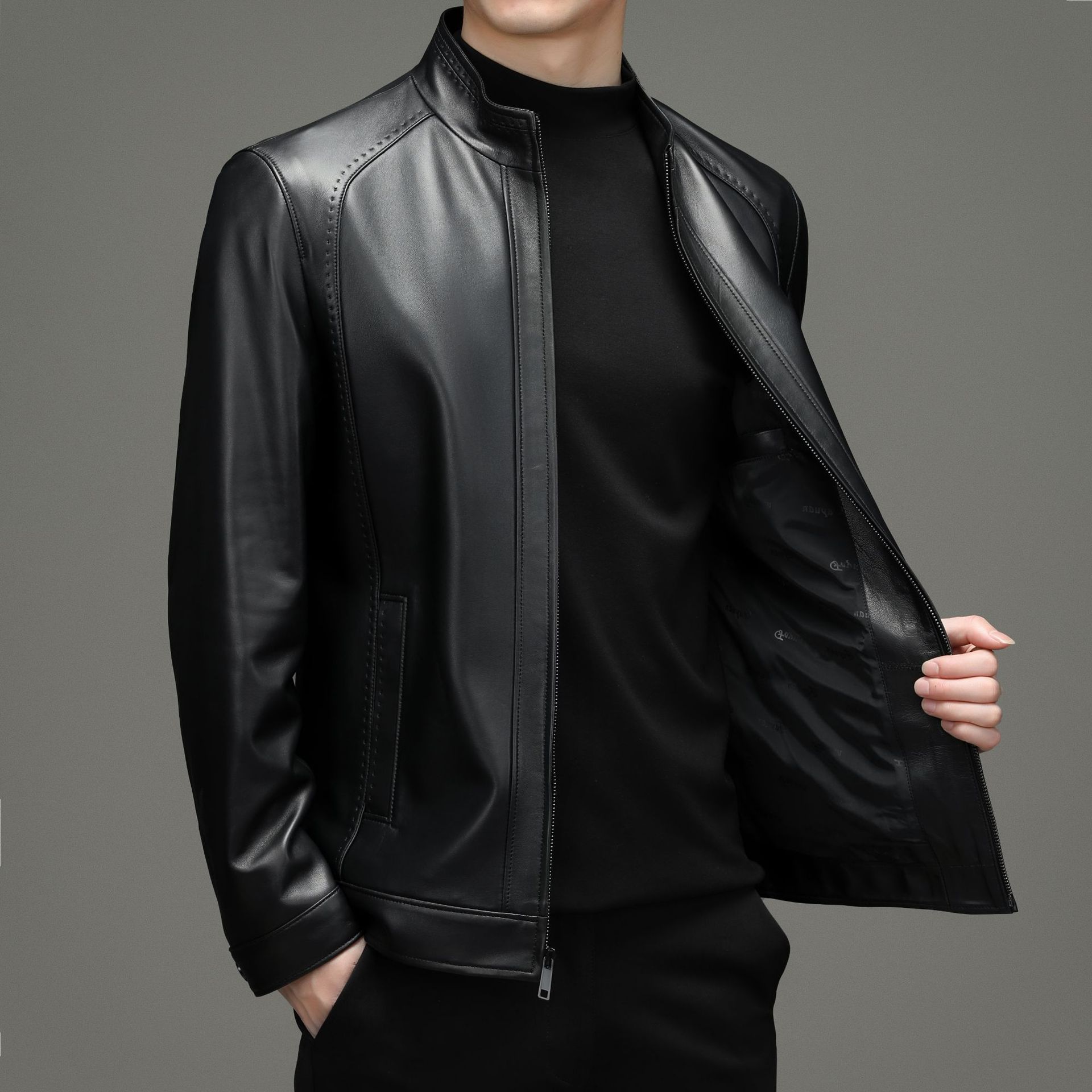 2021 New genuine leather men's sheepskin jacket, short, large-sized, fashionable and cool stand-up collar motorcycle jacket Application Scenario