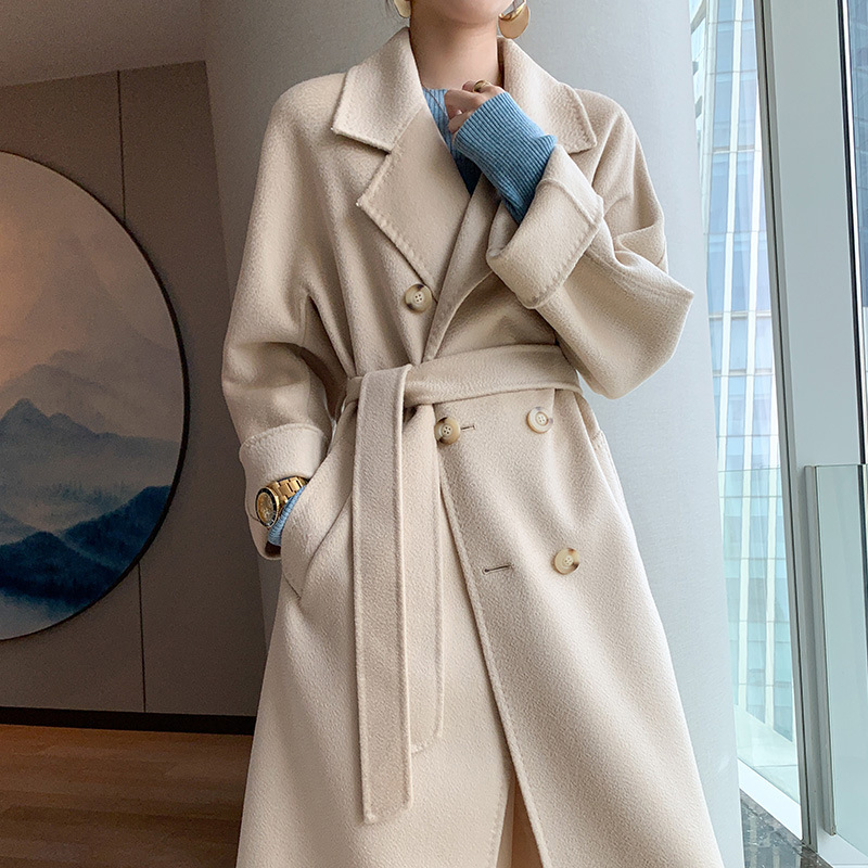 Double-sided woolen water ripple coat for women, mid-length, autumn and winter Korean style, stylish and stylish, double-breasted woolen coat details Picture