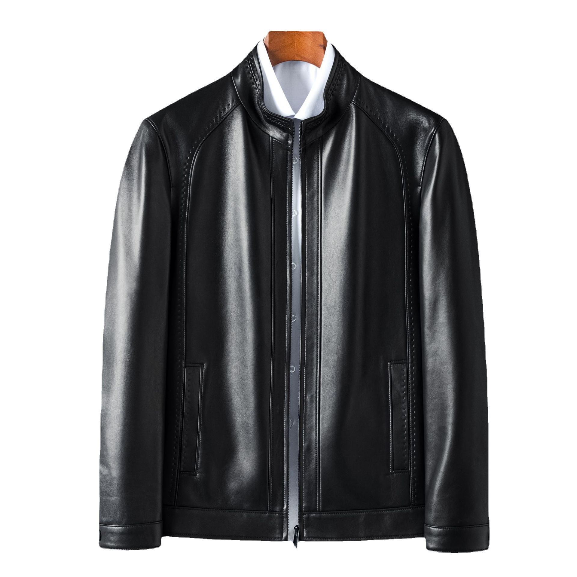 2021 New genuine leather men's sheepskin jacket, short, large-sized, fashionable and cool stand-up collar motorcycle jacket Item Picture