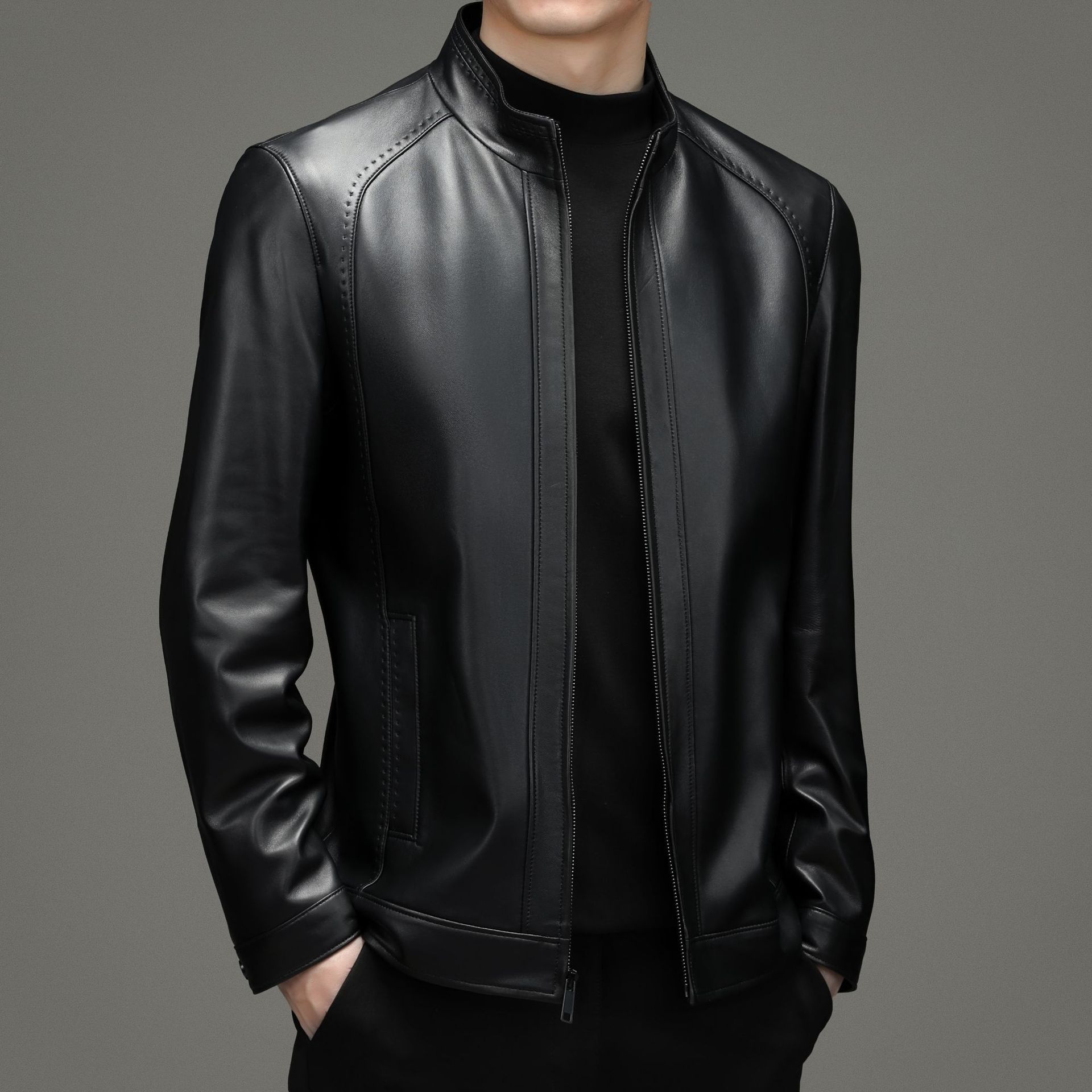 2021 New genuine leather men's sheepskin jacket, short, large-sized, fashionable and cool stand-up collar motorcycle jacket Specification image