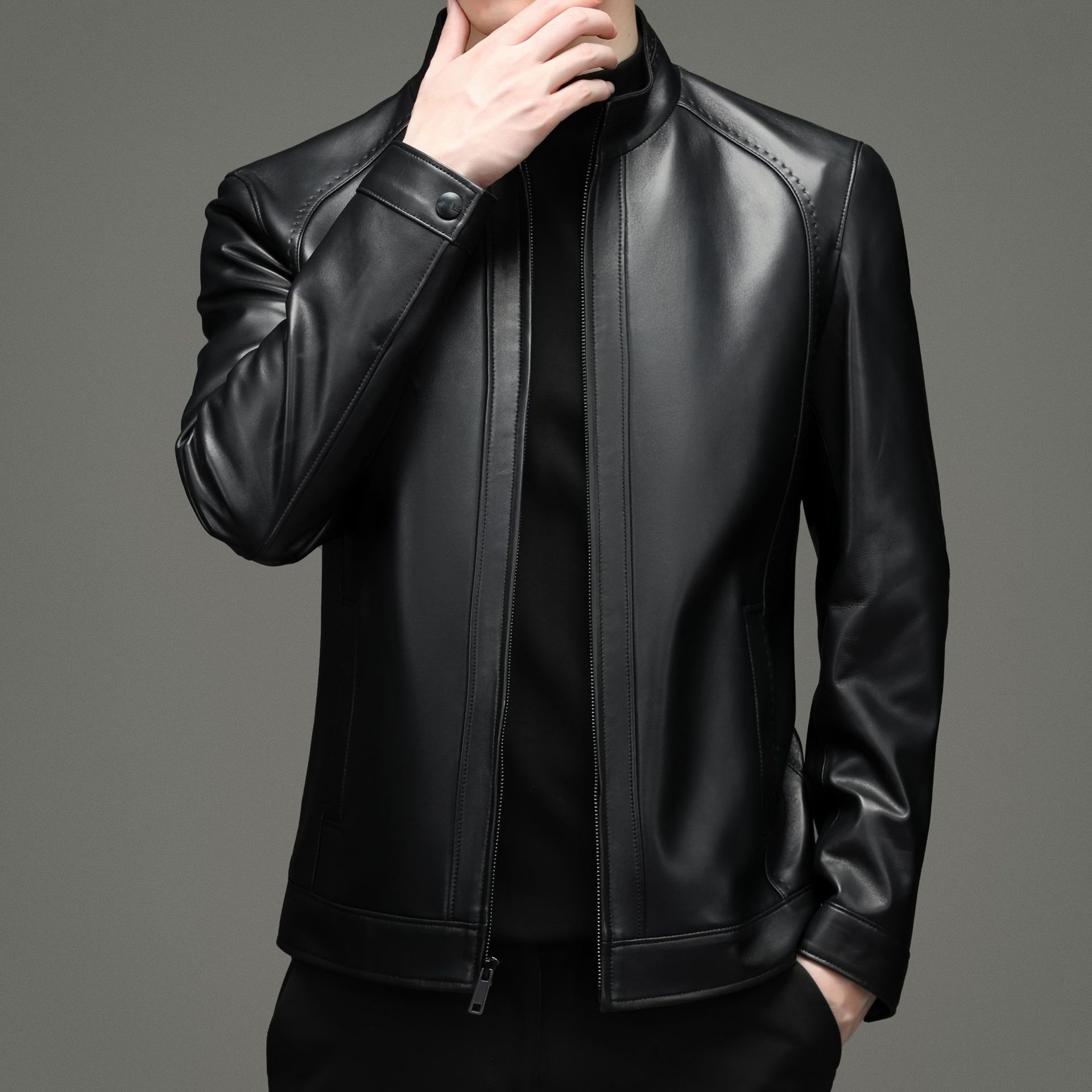 2021 New genuine leather men's sheepskin jacket, short, large-sized, fashionable and cool stand-up collar motorcycle jacket details Picture