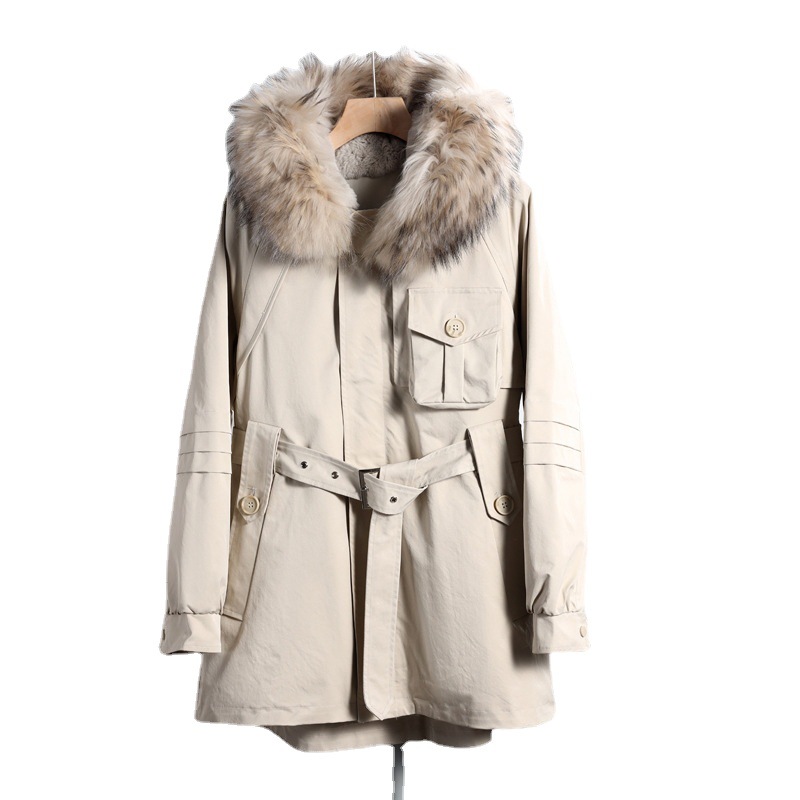 This is a mid-length winter Korean-style fashionable lace-up jacket with a cinched waist and a stylish large fur collar, designed with a rabbit fur inner liner Item Picture