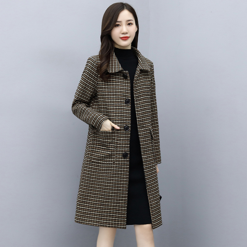 千鸟格呢子大衣女2021秋冬季新款时尚气质宽松百搭中长款毛呢外套
