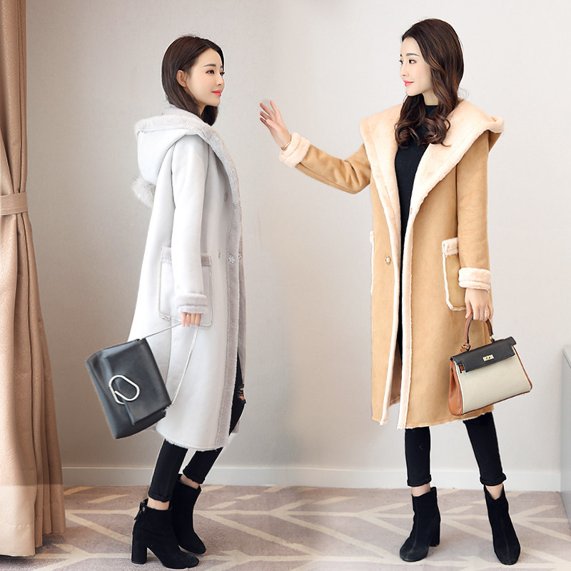 羊羔毛外套女中长款韩版冬季新款加绒加厚连帽鹿皮绒大衣